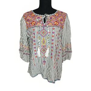 Savanna Jane LARGE Floral Embroidered Striped 3/4 Sleeve Colorful Boho Blouse